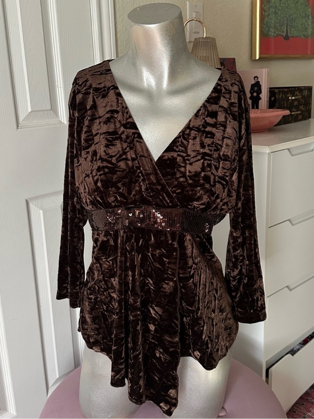 Vintage JTB Brown Crushed Velvet Sequin Waist Asymmetrical Wrap Style Top